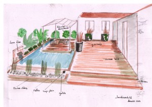 Aménagement de jardin avec bassin, solarium et terrasse en bois